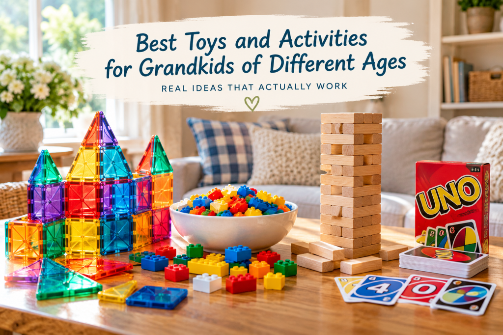 Colorful magnetic building tiles, LEGO-style bricks, Jenga blocks, and UNO cards arranged on a table.